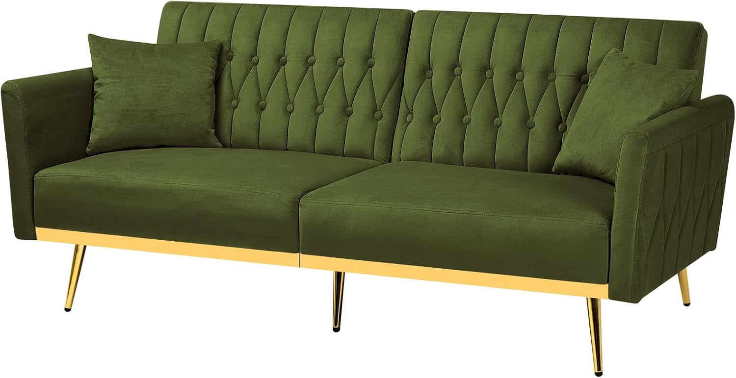70' Velvet Futon Sofa Bed w/Adjustable Armrests & 2 Pillows, Convertible Futon Couch w/Adjustable Backrests, Modern Sleeper Bed for Living Room, Bedroom, Olive Green