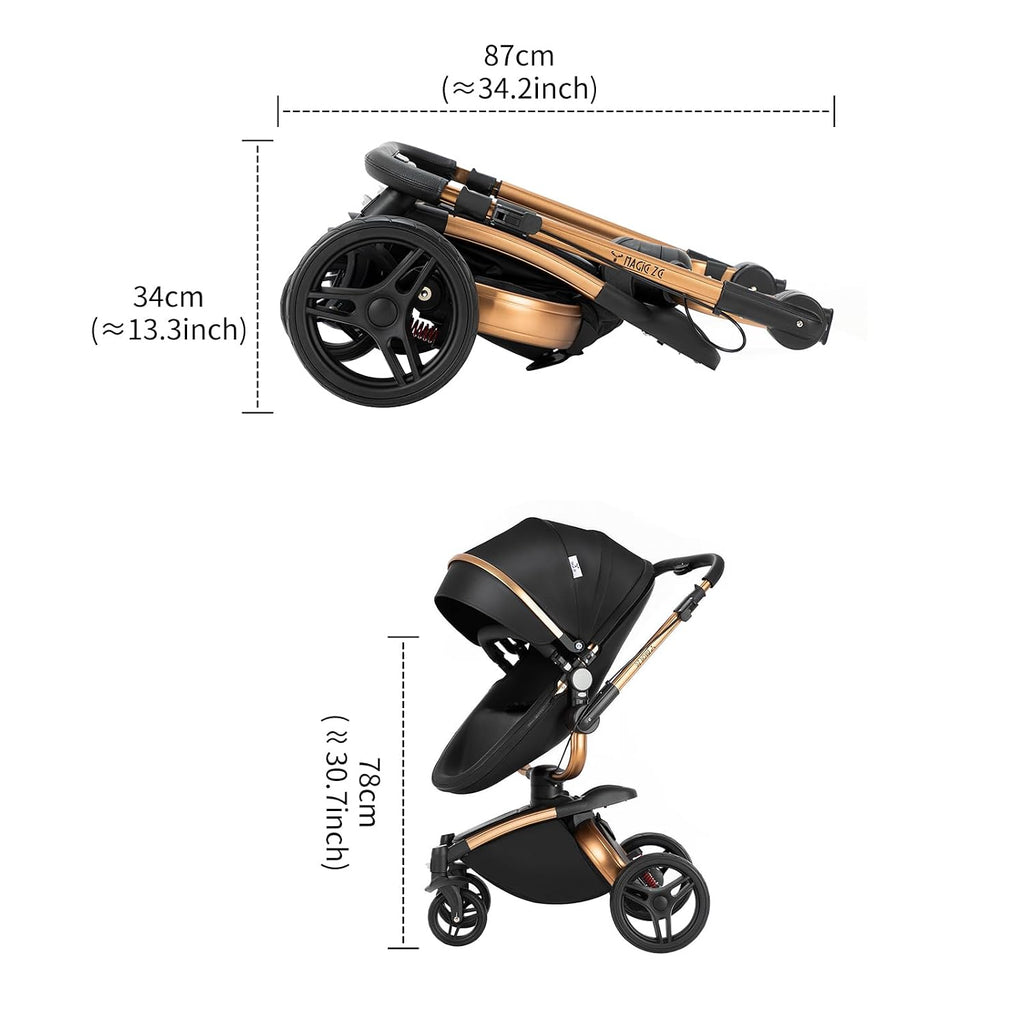Nine point nine PU Leather 2 in 1 Baby Stroller, Reversible Convertible Infant Stroller of One-Click Folding, Newborn Travel Strollers Toddler Pram Carriage (HR002-Black)