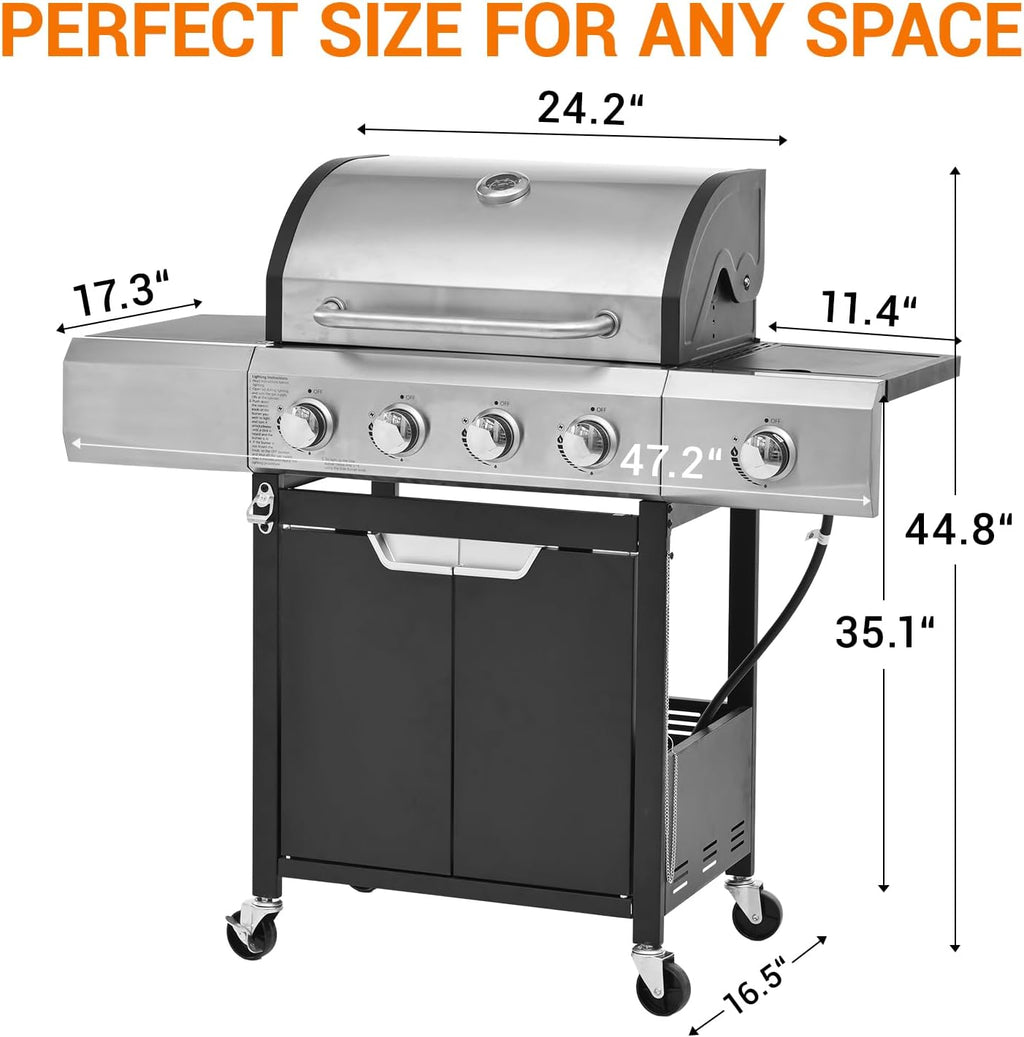 EUHOME 4-Burner Gas Grill with Side Burner & Cover, 51000 BTU Stainless Steel Outdoor BBQ Grill, 452 sq.in Cooking Area, Ideal for Backyard, Patio Large Gatherings
