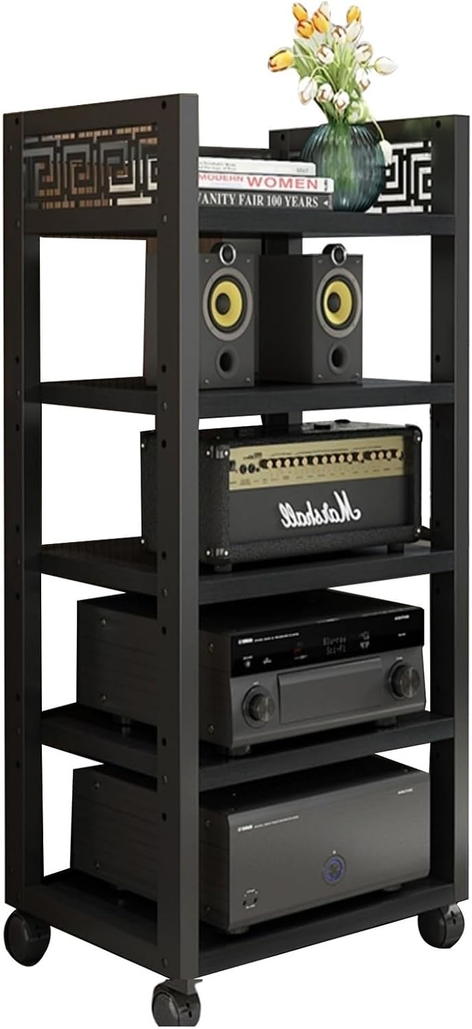5 Tier Furniture Media Rack DVD CD Player Stand Audio Rack Power Amplifier Equipment Cabinet with Height Adjustable Wooden Shelves Floor Standing Storage Rack(Color-1)