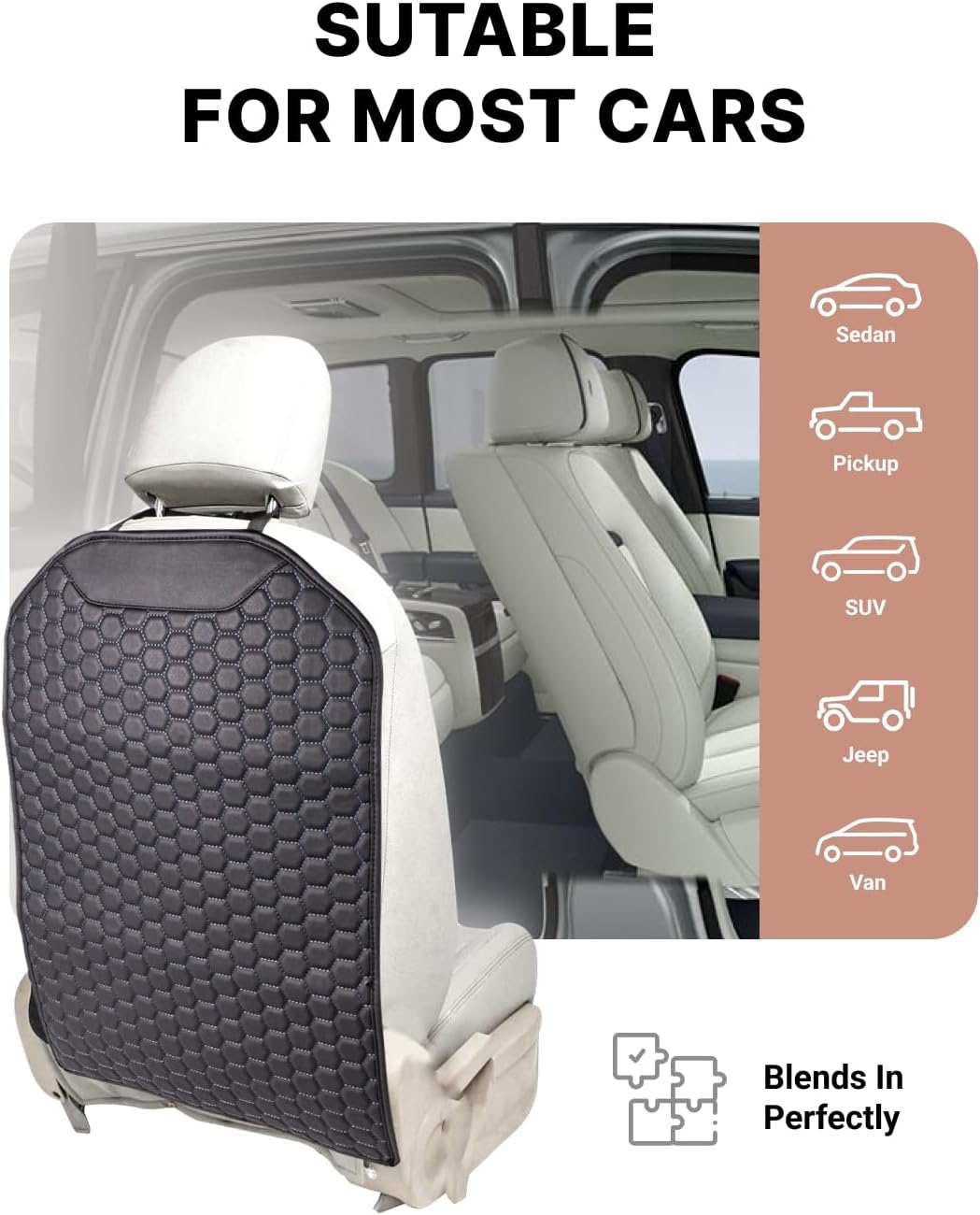 Owleys Set Seat Back Organizer & Car Seat Protector Hexy Waterproof & Non-Slip Protector for Child Car Cushion for Leather and Fabric Seats (Black Set 2)