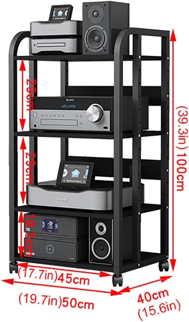 XingLi 3/4/5-Tier Audio Equipment Rolling Cart Rack，Large Stereo Black Storage Cabinet - Office Bedroom Living Room AV Media Shelf(Size:4 Tier-H100cm)