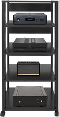 5-Tier Media Stand, Audio Rack Tower Stereo Cabinet with Wheels, CD Record Player Stand Speaker Display Rack with Adjustable Wooden Shelf for Home Theater Studio (Black)