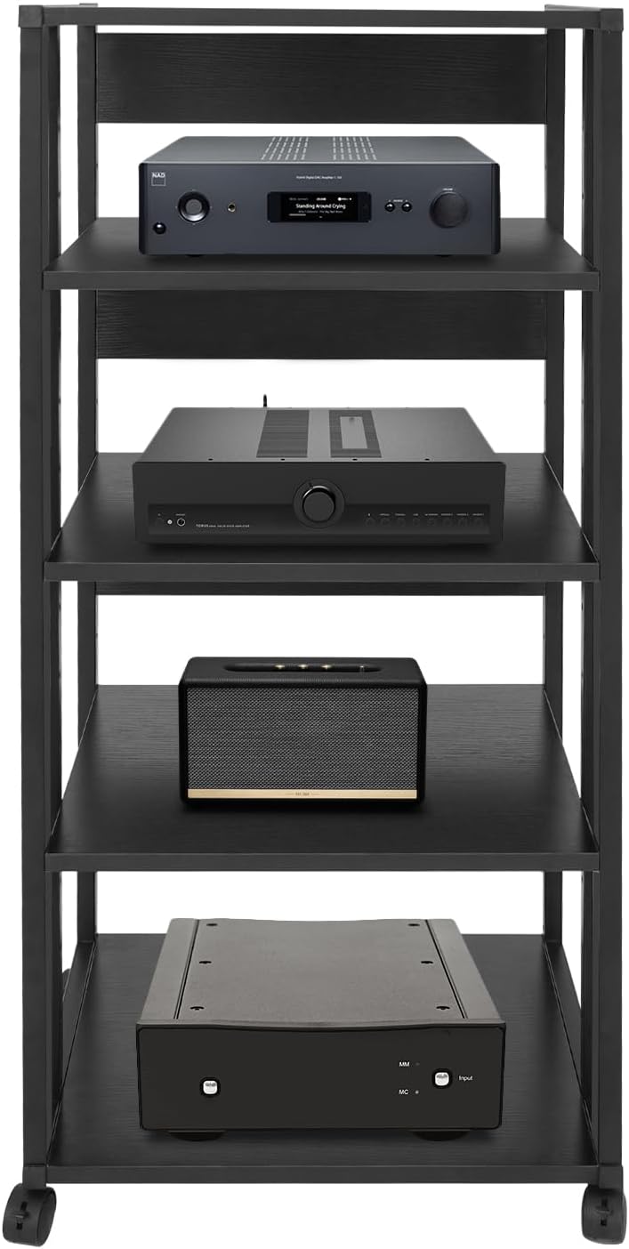 5 Tier Media Stand for Audio/Video, CD & Record Player Storage Cabinet with Lockable Wheels, AV Equipment Display Rack, 110 lbs Capacity, Stylish Black Tower for Living Room