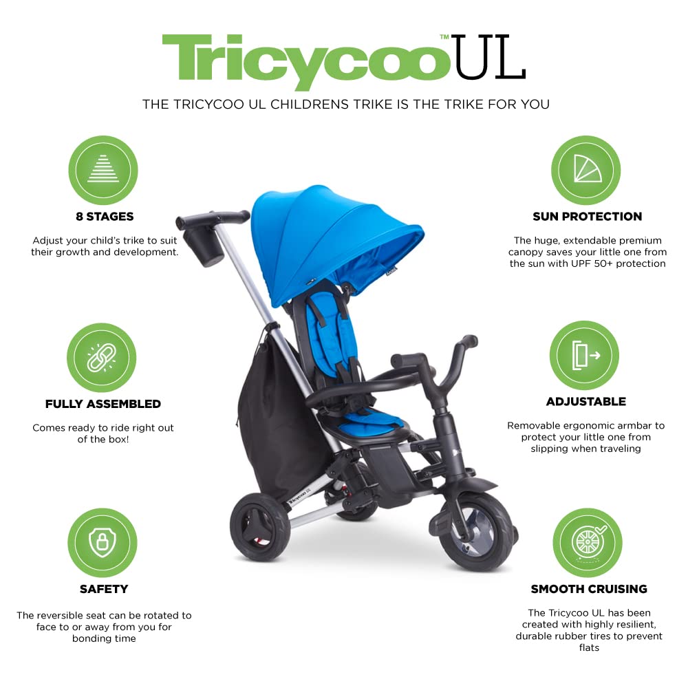 Joovy Tricycoo UL Kids Tricycle with 8 Stages Featuring 3 Rubber Tires, Removable and Adjustable Parent Handle, Safety Harness, 3-Position Recline Seat, and Retractable Canopy, Blueness