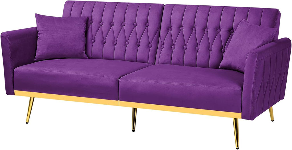 70' Velvet Futon Sofa Bed with 2 Pillows and Adjustable Armrests, Convertible Sleeper Bed W/Adjustable Backrests, Modern Loveseat for Living Room, Bedroom, Purpel