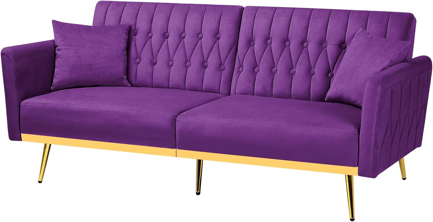 70' Velvet Futon Sofa Bed with 2 Pillows and Adjustable Armrests, Convertible Sleeper Bed W/Adjustable Backrests, Modern Loveseat for Living Room, Bedroom, Purpel