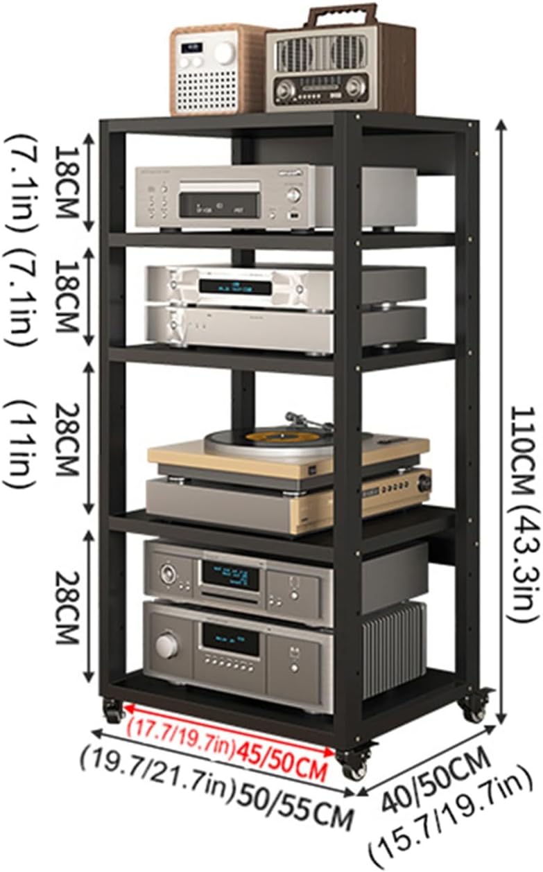 5-Tier Audio/Video Stand with Wheels - Multifunctional Media Cabinet for Home & Office, Holds Amplifiers, DVD/CD Players, Stereo Equipment, Open Storage Shelf (50x40x110cm)