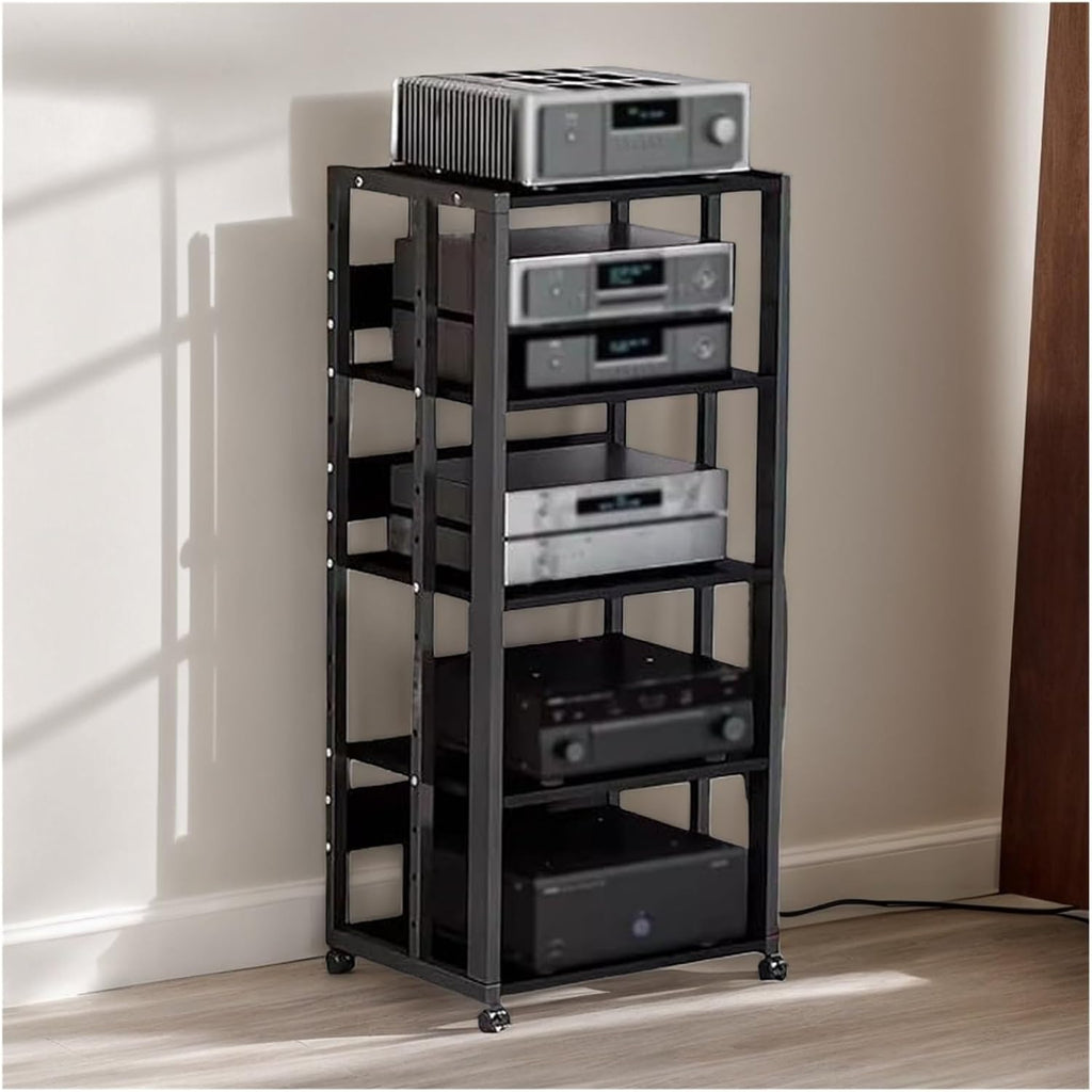 HiFi Rack 5 Tier Corner Media Storage Tower Rack, Movable Audio Video Shelving Record Player CD DVD Cabinet Furniture Unit Game Equipment Console Entertainment Center Shelf For Home/Office/Theater/C