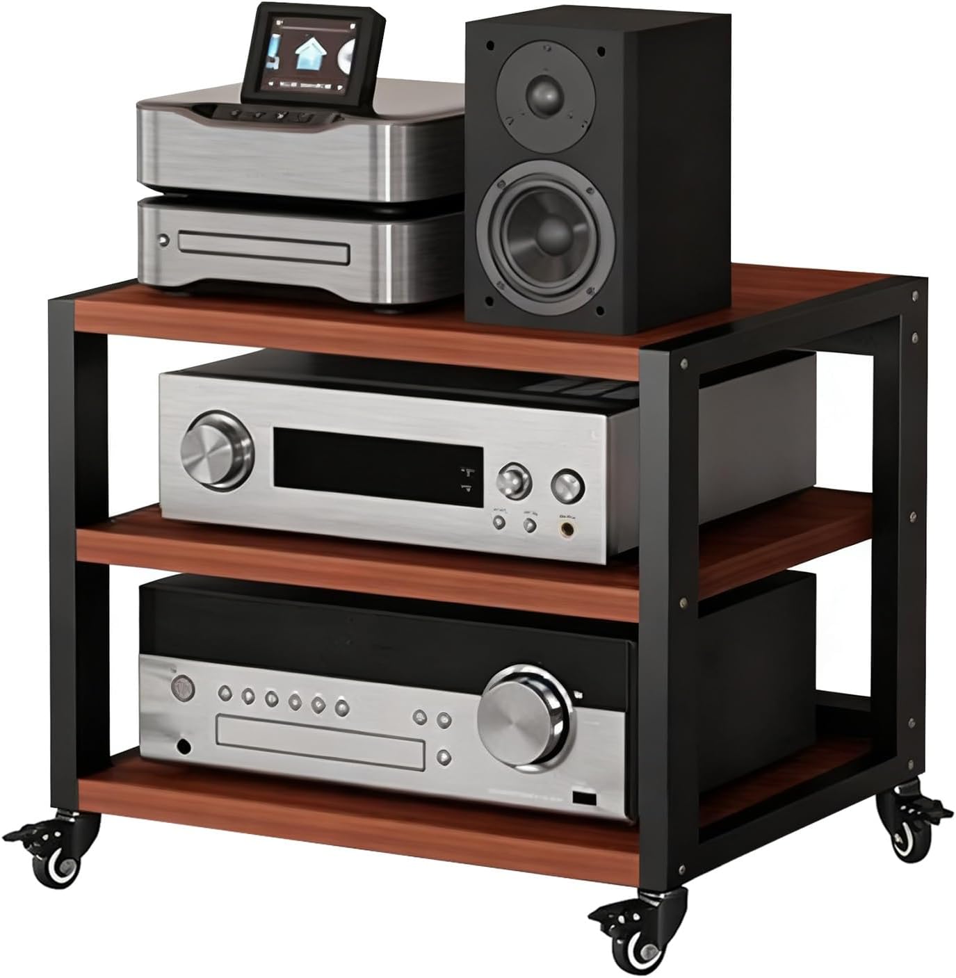 2/3/4/5-Tier Audio Component Rack with Wheels, Heavy Duty AV Media Stand HiFi Amplifier Rack, Home Storage for Record Player, Audio/Video Equipment(Black+Brown,L55xW50xH49cm)