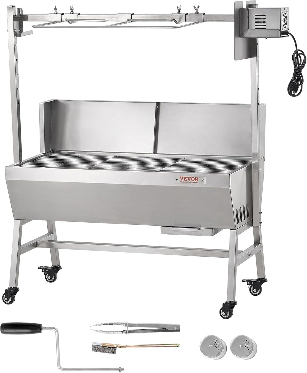 VEVOR Rotisserie Grill with Windscreen, BBQ Whole Pig Lamb Goat Charcoal Spit Grill, 35 Inch 90 Lbs Capacity, Electric 42W Motor Stainless Steel Roaster with Lockable Wheels, for Camping Outdoor