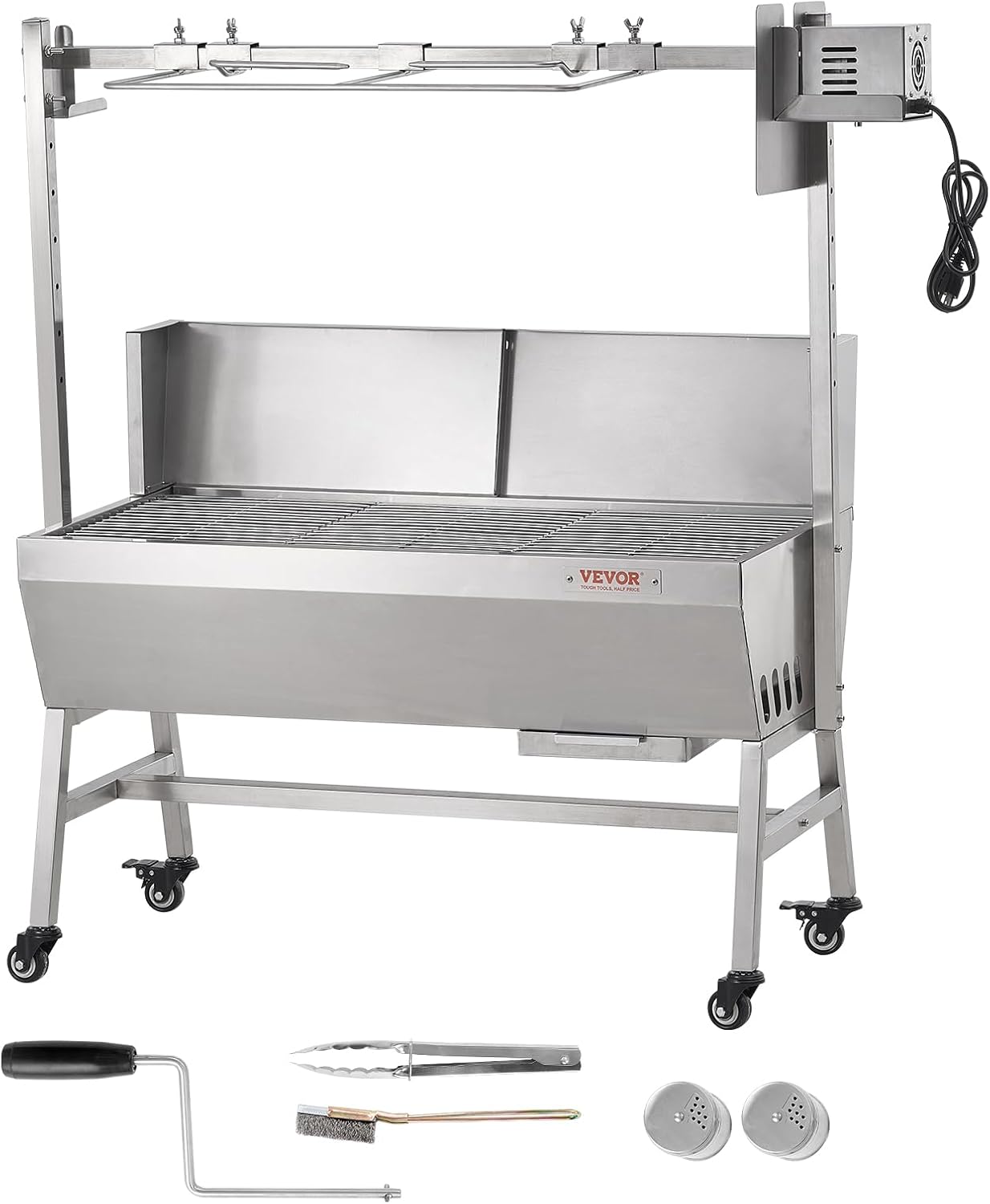 VEVOR Rotisserie Grill with Windscreen, BBQ Whole Pig Lamb Goat Charcoal Spit Grill, 35 Inch 90 Lbs Capacity, Electric 42W Motor Stainless Steel Roaster with Lockable Wheels, for Camping Outdoor