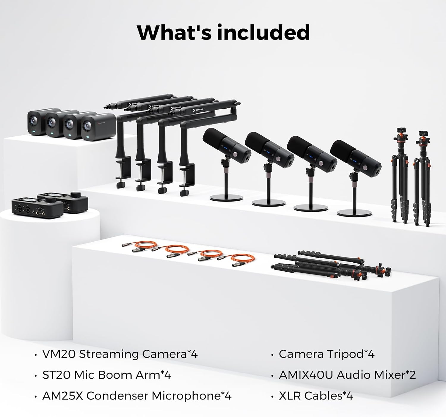 NearStream PodPro Quad Podcast Equipment Bundle for 4, Podcast Bundle Includes 4 VM20 Streaming Camera, 4 AM25X Microphone, 4 ST20 Boom Arm, 2 AMIX40U Audio Mixer, 4 Camera Tripod and 4 XLR Cables