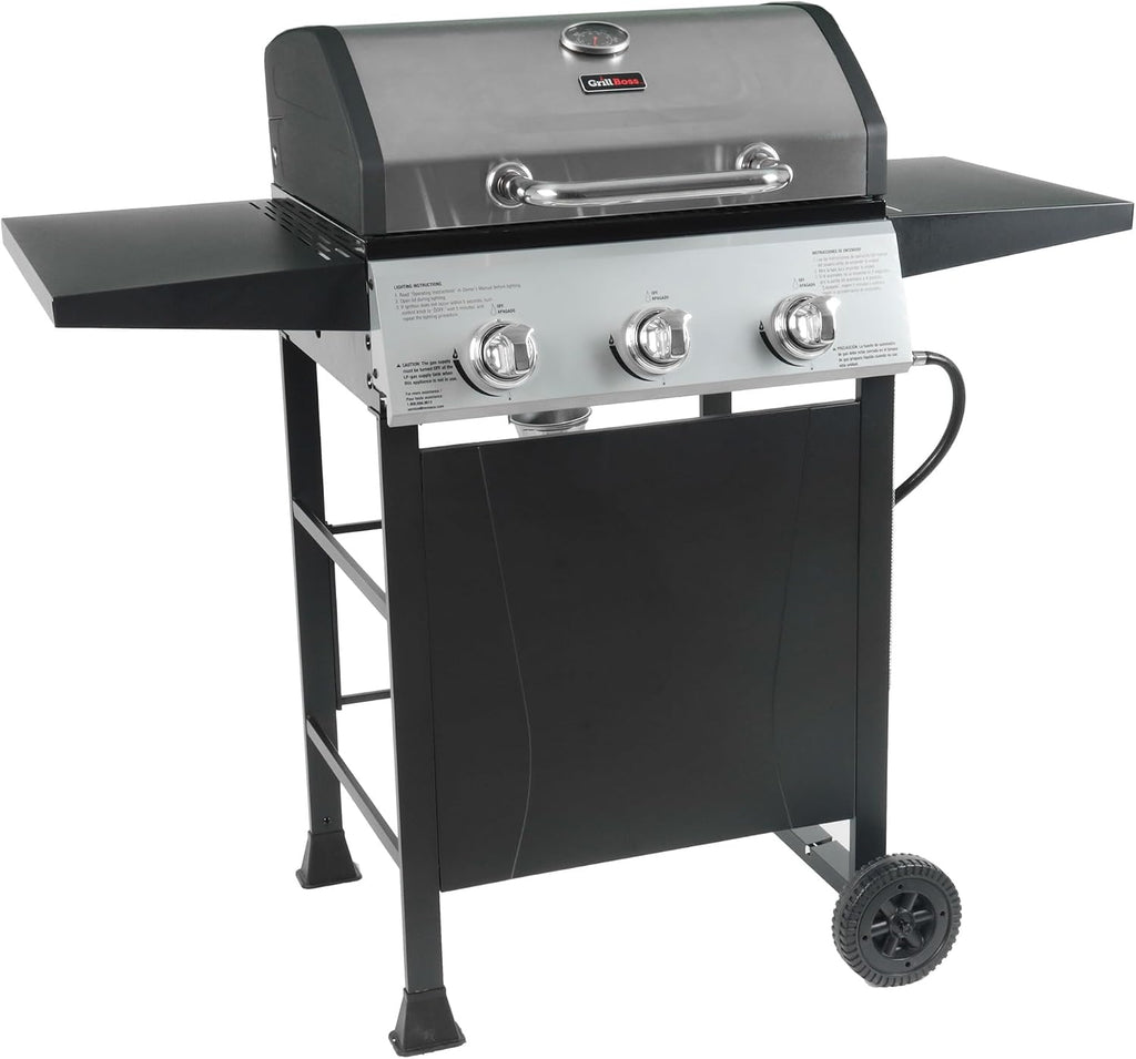 Grill Boss 3 Burner Propane Gas Grill, Portable BBQ w/Lid, Wheels & Side Shelves, Black - Grilling Accessories and Equipment for Camping, Tailgating, Outdoor Barbecue and Cooking