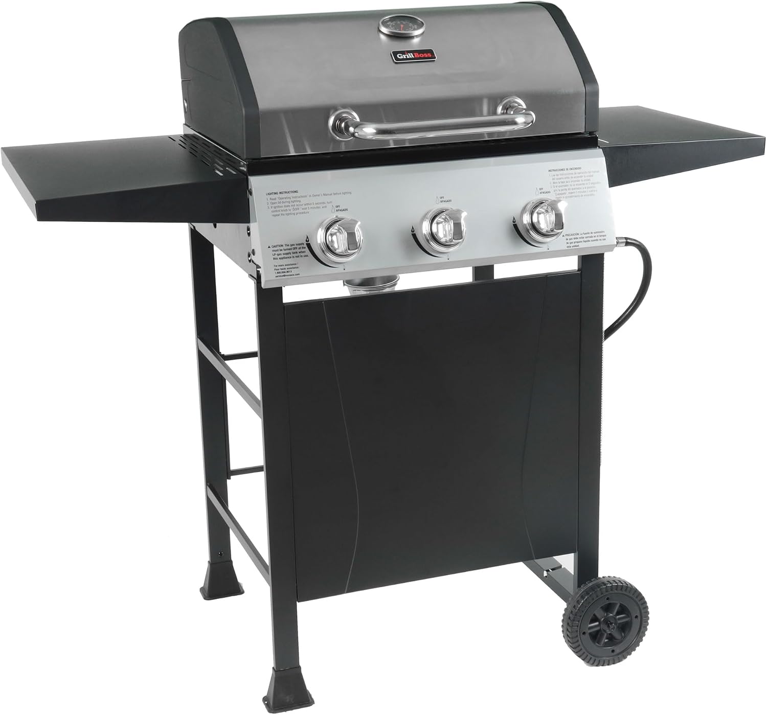 Grill Boss 3 Burner Propane Gas Grill, Portable BBQ w/Lid, Wheels & Side Shelves, Black - Grilling Accessories and Equipment for Camping, Tailgating, Outdoor Barbecue and Cooking