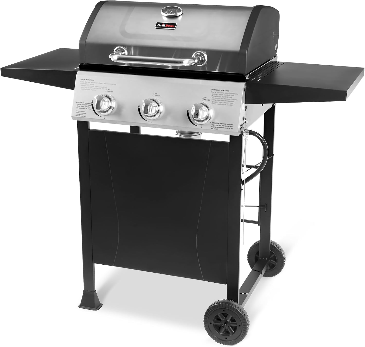 Grill Boss 3 Burner Propane Gas Grill, Portable BBQ w/Lid, Wheels & Side Shelves, Black - Grilling Accessories and Equipment for Camping, Tailgating, Outdoor Barbecue and Cooking