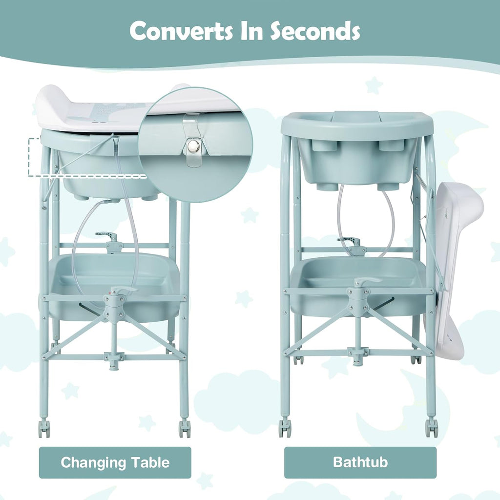 HONEY JOY 2-in-1 Baby Bathtub & Changing Table, Foldable Infant Diaper Changing Station with Wheels, Storage Tray, Waterproof Pad, Portable Newborn Nursery Organizer Bath Stand for Boys Girls (Blue)