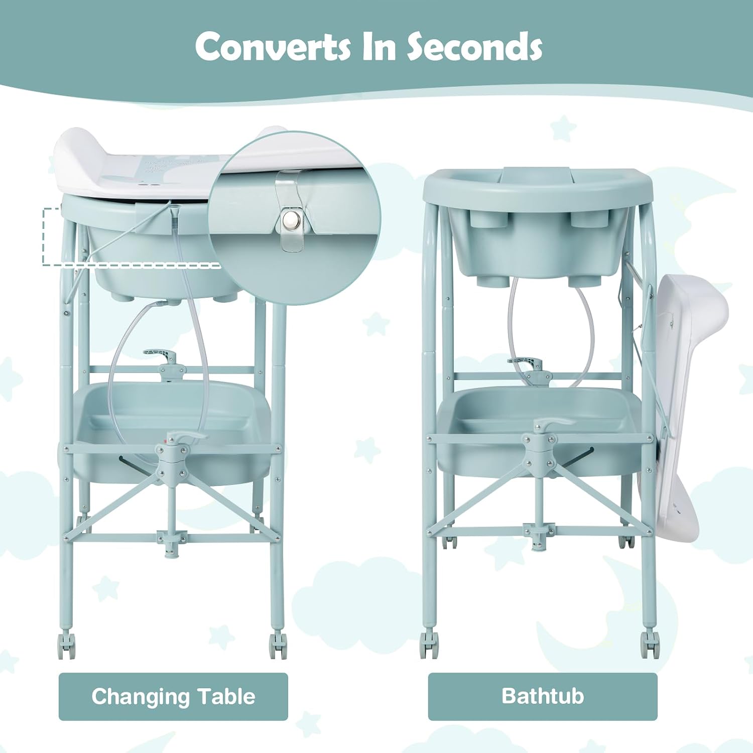 HONEY JOY 2-in-1 Baby Bathtub & Changing Table, Foldable Infant Diaper Changing Station with Wheels, Storage Tray, Waterproof Pad, Portable Newborn Nursery Organizer Bath Stand for Boys Girls (Blue)