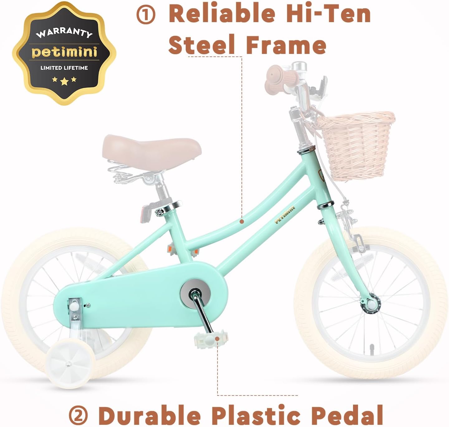 Petimini Vintage Kids Bike for Girls, 12–20 Inch Classic Bicycle with Wicker Basket & Bell, High Tensile Steel Frame, Training Wheels (12–18'), 85% Pre-Assembled, Retro Bike for Outdoor Riding