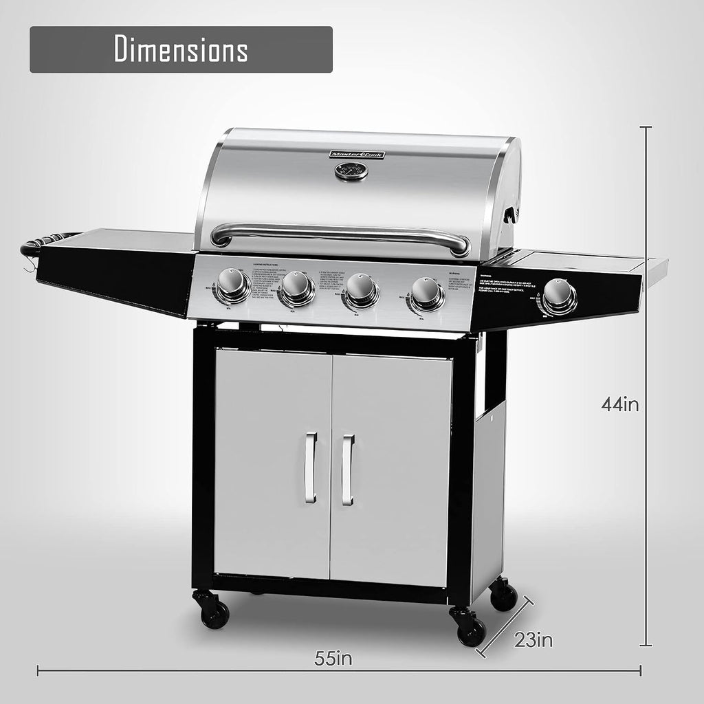 MASTER COOK 4+1 Burners Gas Grill, 518 Sqin Cooking Area, 52,000 BTU Propane Grill with Side Burner, Stainless Steel Cabinet Grill, Silver & Black