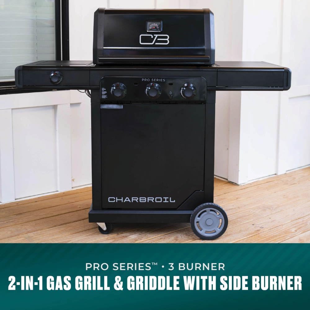 Charbroil Pro Series Amplifire Technology 3-Burner Propane Gas Grill and Griddle Cabinet with Side Burner, Black - 463366724