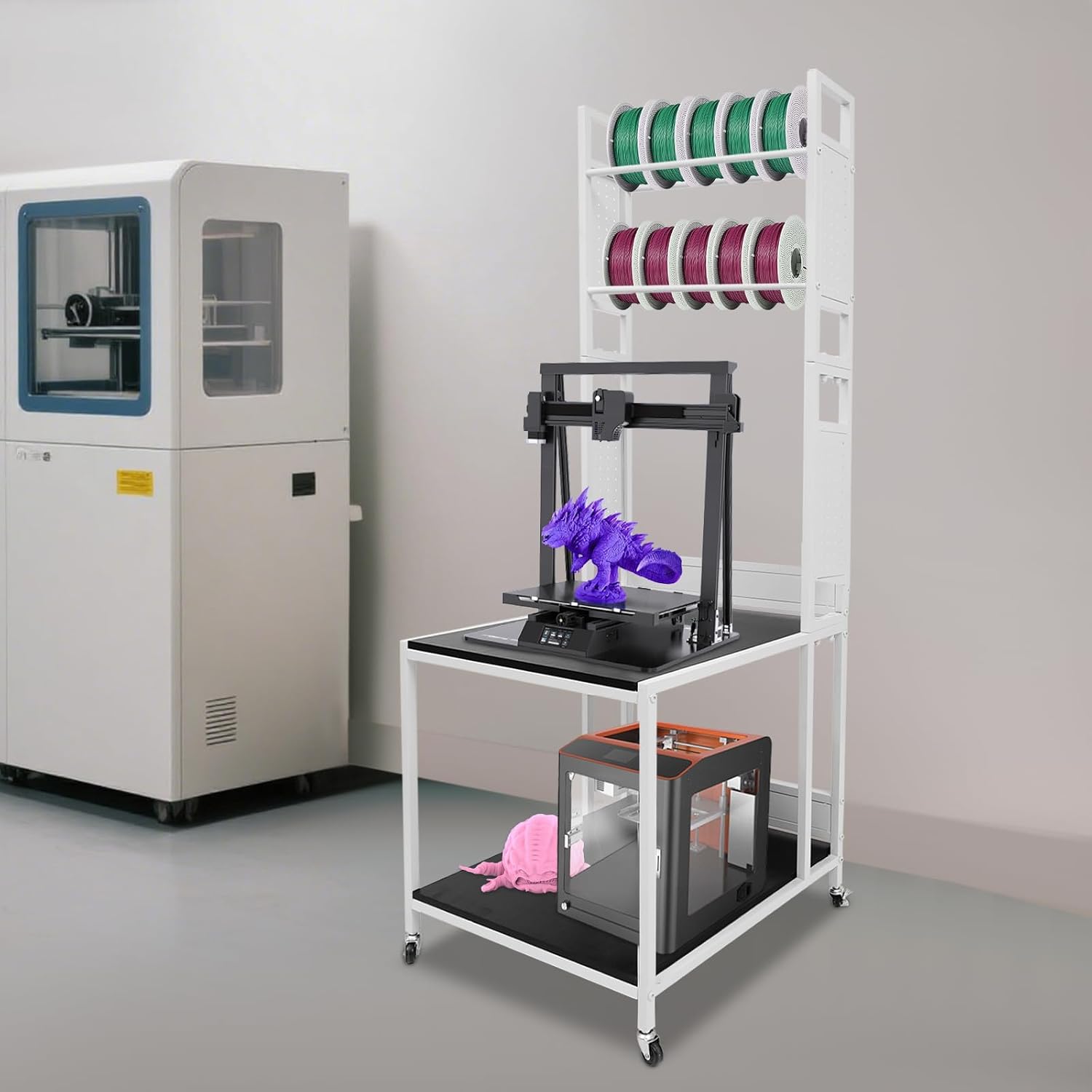 3D Printer Stand Rack with Filament Organizer, Upgraded 3D Printer Table Workbench with Wheels, Extended Storage Mobile 3D Printing Workstation for Studio Workshop