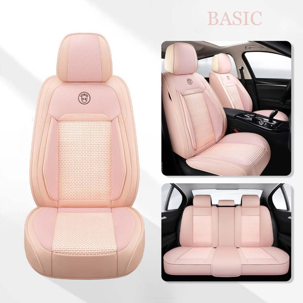 Baby Pink Car Seat Covers Full Set - Leather and Ice Silk Breathable Front and Rear Seat Covers for Women Men, Luxury Car Cushions