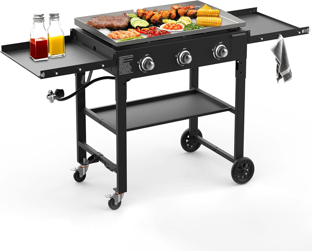 BESTFIRE 3 Burner 35' Flat Top Grill,45,000 BTU Flat Grills Outdoor Cooking with Two Foldable Shelves,Outdoor Griddle with Porcelain-Enameled Cast Iron Grate & Pan for Kitchen,BBQ& Camping