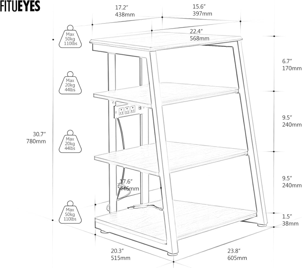 FITUEYES Design Stereo Cabinet 4-Tier Media Cabinet with LED Backlight Integrated Power Wooden Media Stand with Adjustable Shelves for Turntables Record Player Stereo Receiver CD Players AMP