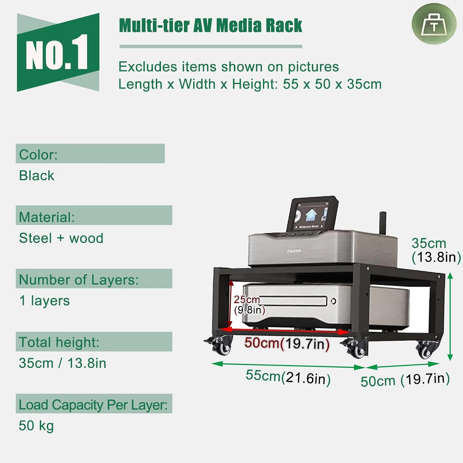 Heavy Duty Media Stereo Stand Equipment Shelf, 1 2 3 4 Layer Black Video Game/DVD Holder, Audio Component Rack Tower for Tv Accessories Record Player Console(H35cm-1Tier)