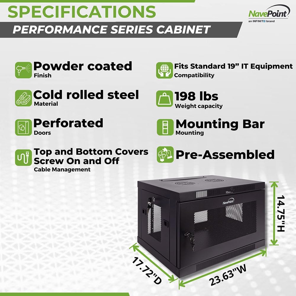 NavePoint 6U Server Cabinet Wall Mount Rack Enclosure with Perforated Door, Locking, Removable Side Panels – 6U Network Cabinet 17.7' Deep, 19 Inch Server Rack for IT and A/V Equipment