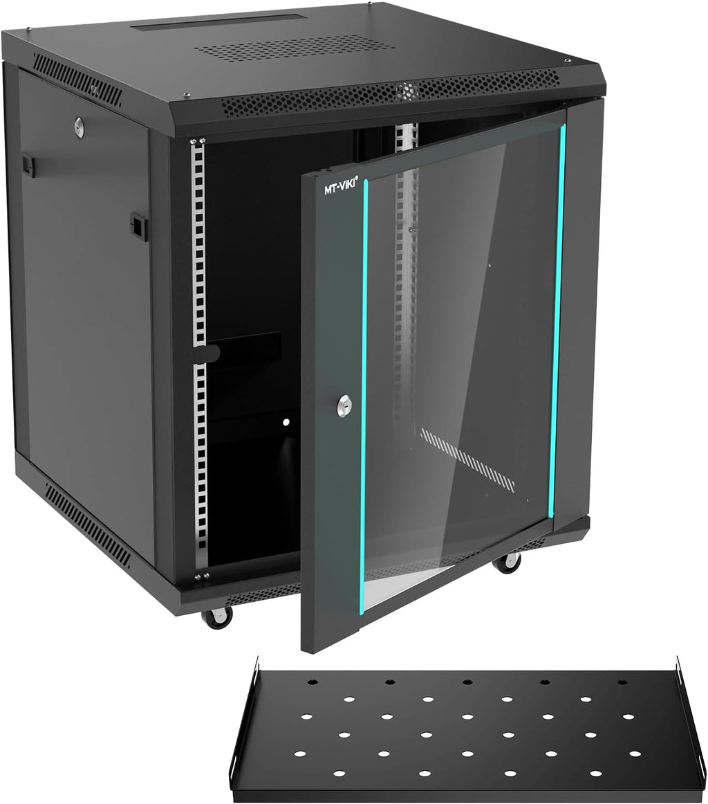 MT-VIKI 12U Server Cabinet Network Rack Vented Enclosure w/Moving Wheel, 0.8mm Thick Steel, 23.6'' Deep (600mm), for 19'' IT Equipment, Included 1pcs 12'' Depth Rack Shelf