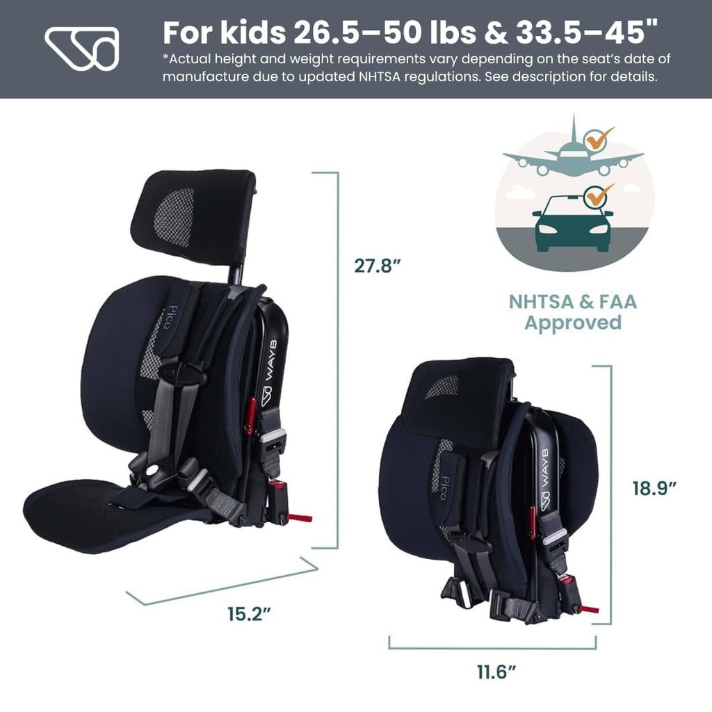 WAYB Pico Travel Car Seat with Premium Carrying Bag- Lightweight, Portable, Foldable - Perfect for Airplanes, Rideshares, and Road Trips - Forward Facing for Kids 26.5–50 lbs and 33.5–45'