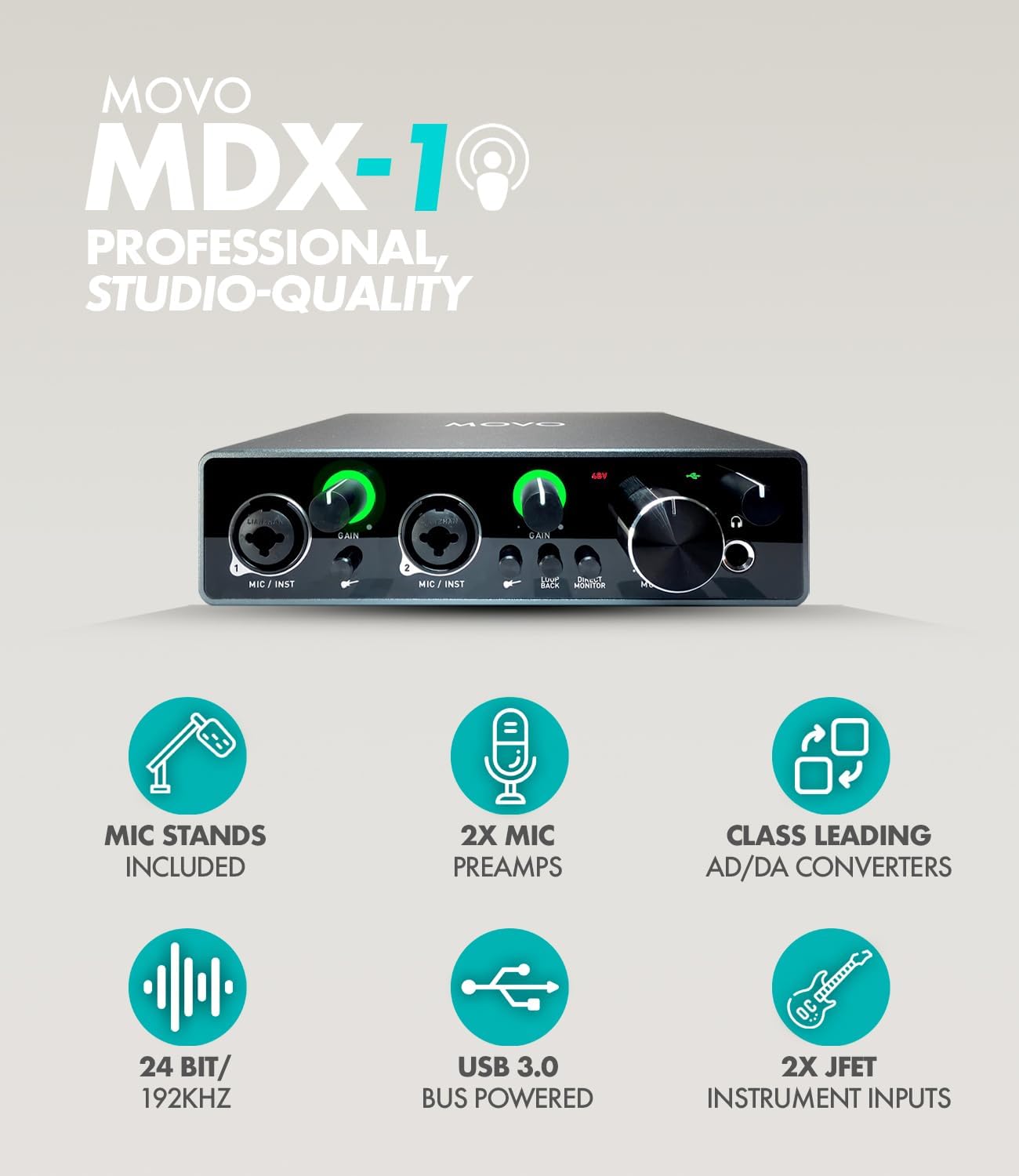 Movo Podcast Equipment Bundle for 2 with USB Audio Interface and 2 CastMic Dynamic Podcast Microphone Bundle with Mic Stands for Podcasting, Streaming, and Musicians - Podcast Kit for Computers