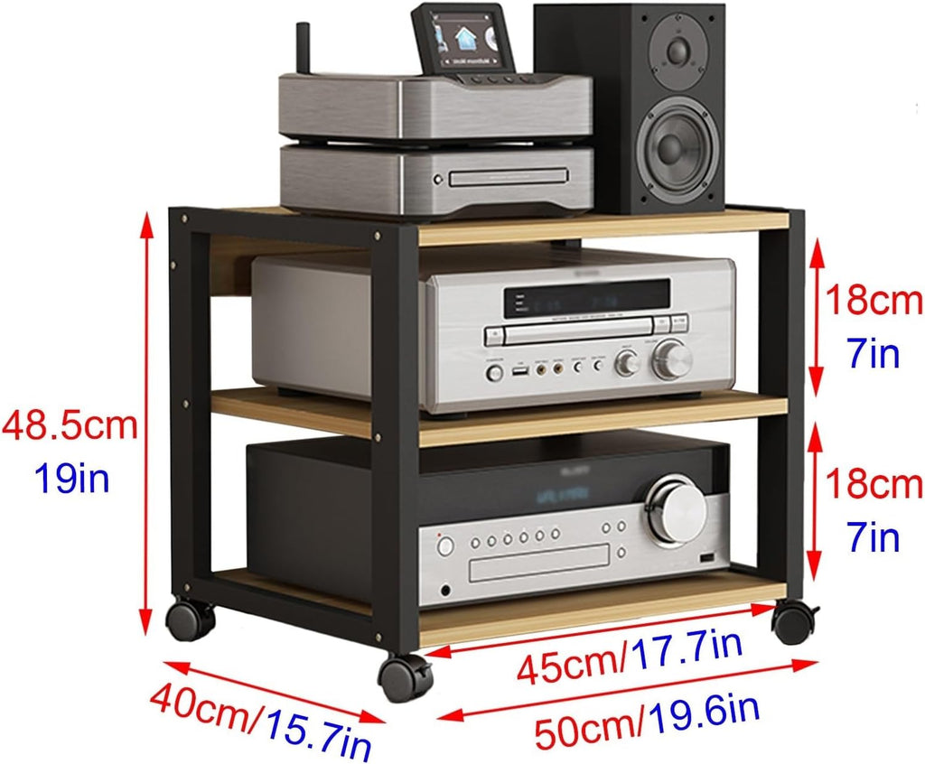 WDJBPSH Audio Equipment Rolling Cart Rack Portable 19/27 inch - Large Stereo Cabinet Black with Storage Office Bedroom Living Room Av Media Shelf(Style 2,3 Tier - H 48.5cm/19 in)