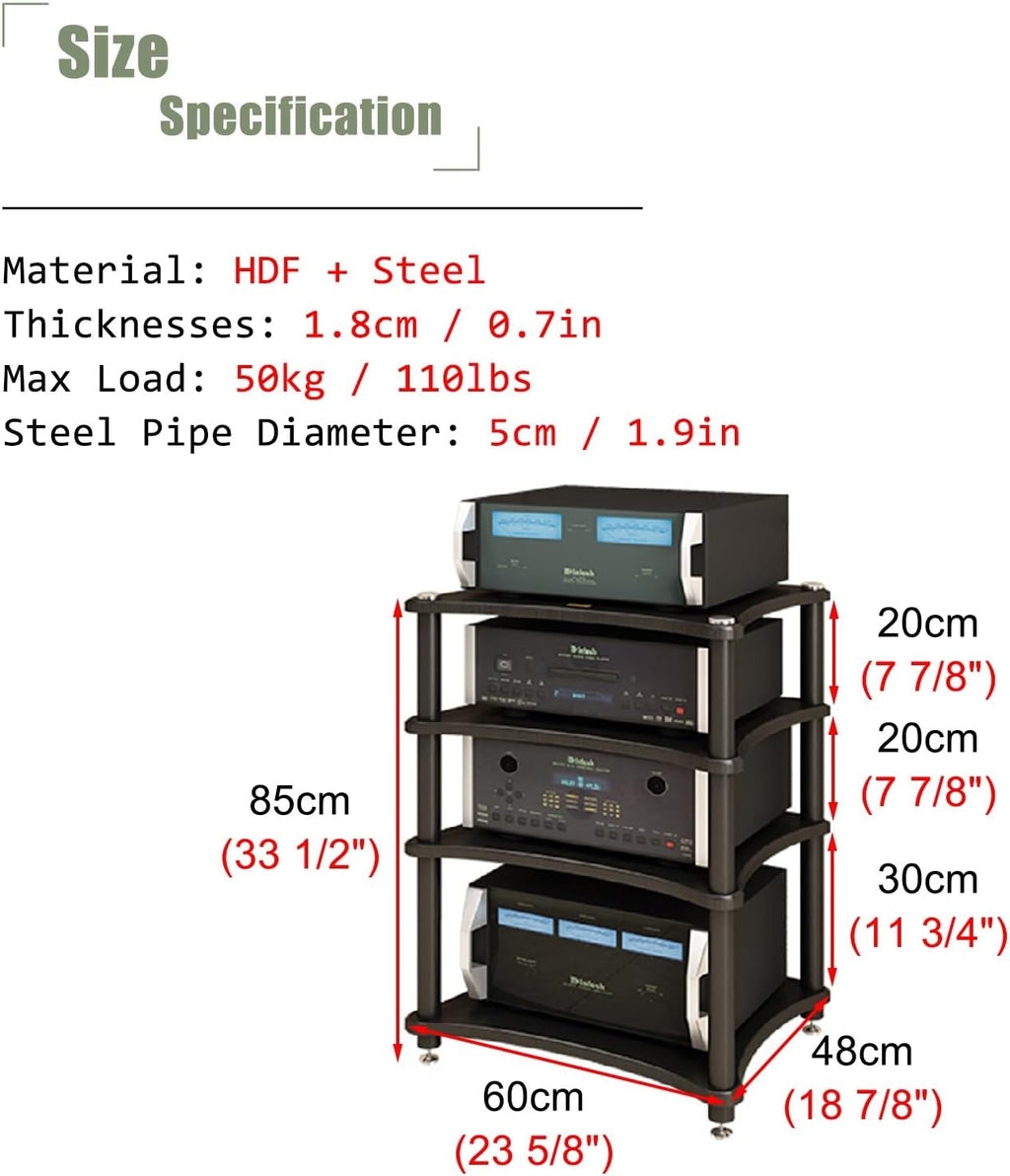 Audio Cabinet Rack 1-4 Tier AV Media Stand with 4 Steel Post, Vintage Furniture Stereo Cabinet Audio Rack Tower, Large Storage Capacity Equipment Holders for Living Room(4 Tier)