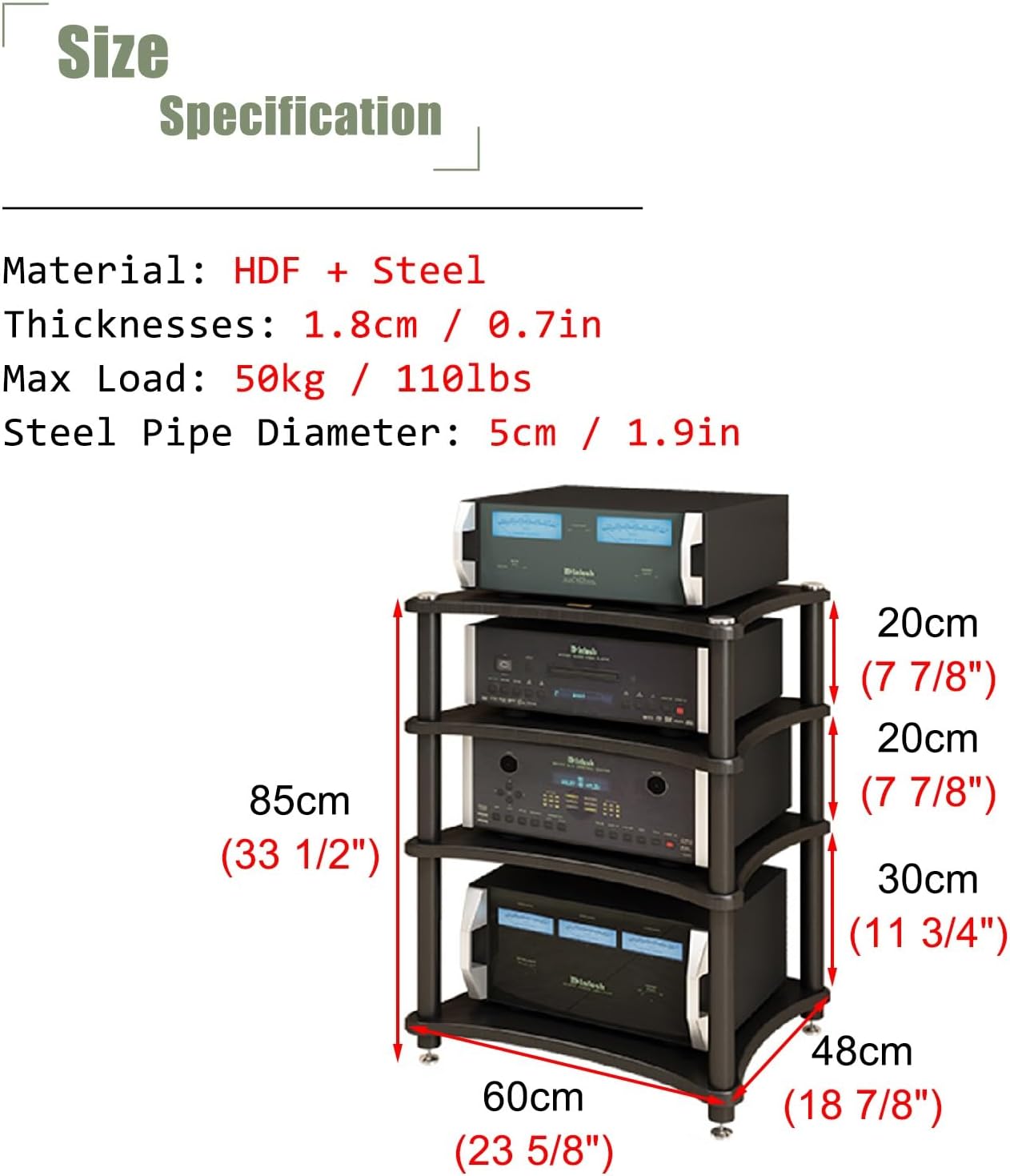 Audio Cabinet Rack 1-4 Tier AV Media Stand with 4 Steel Post, Vintage Furniture Stereo Cabinet Audio Rack Tower, Large Storage Capacity Equipment Holders for Living Room(4 Tier)