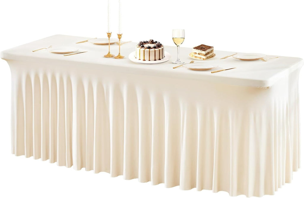 PARTISKY 6 Pack Ivory Spandex Table Cloths for Rectangle Tables 8ft, Ivory Table Skirt for Party, Table Cover with Skirt for Wedding Folding Table Banquet Baby Shower & Birthday Parties