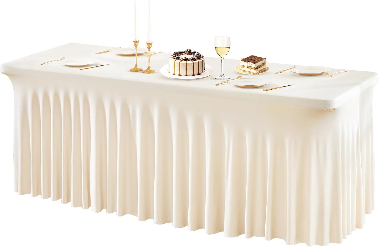 PARTISKY 6 Pack Ivory Spandex Table Cloths for Rectangle Tables 8ft, Ivory Table Skirt for Party, Table Cover with Skirt for Wedding Folding Table Banquet Baby Shower & Birthday Parties