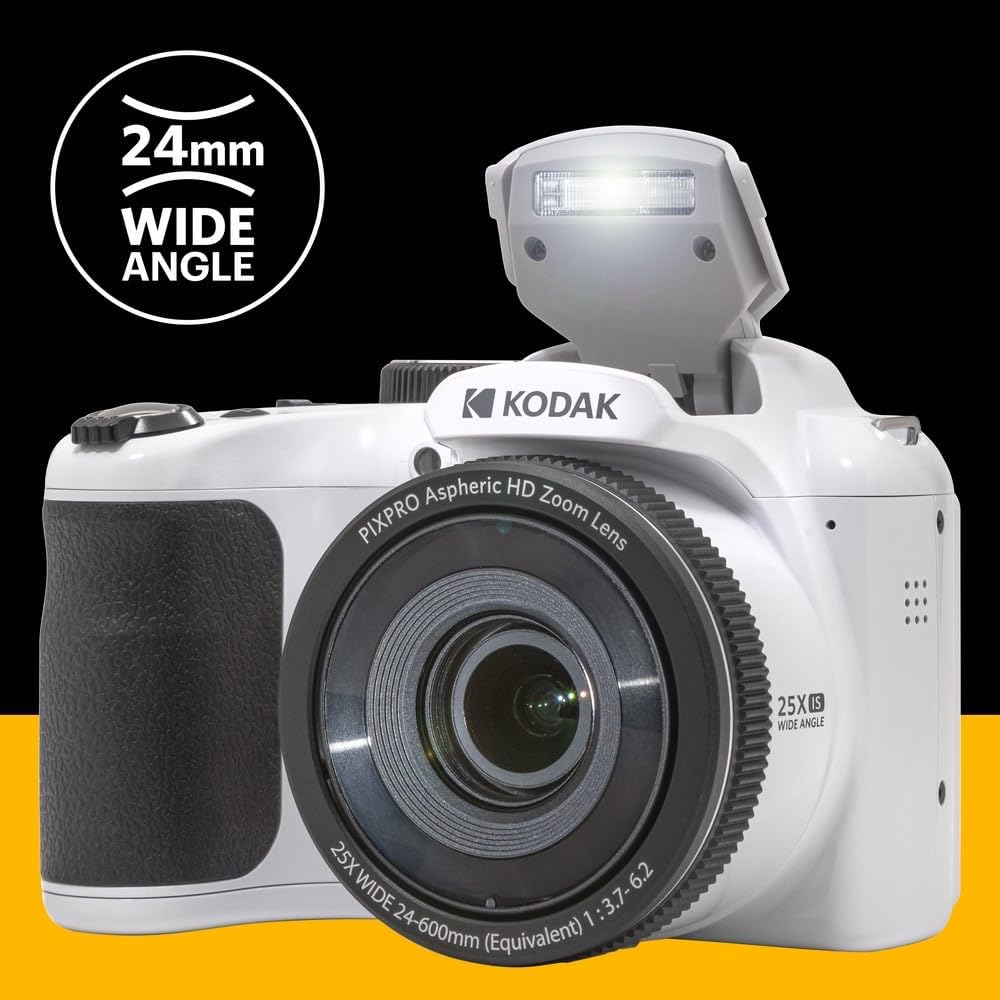 Kodak PIXPRO AZ255 Digital Camera, 25x Optical Zoom Bridge with 16MP Sensor, AA Batteries, OIS, 1080p Full HD Video, White