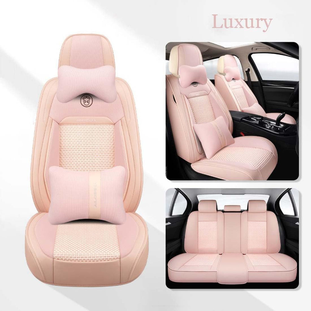 Baby Pink Seat Covers Full Set - Leather and Ice Silk Breathable Front and Rear Seat Covers for Women Men, Luxury Car Cushions