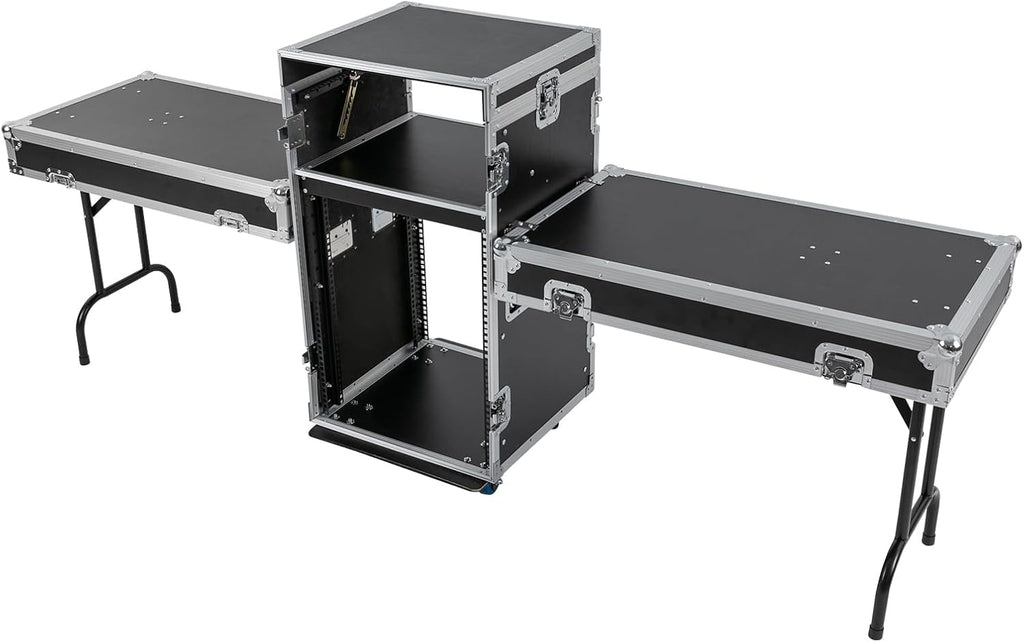 14U Mobile PA DJ Rack/Road Case, Network & Stereo Rack with DJ Mixer Tops, Heavy-Duty 2-Tier Studio Equipment Cabinet with 4 Wheels, Amplifier Mixer Storage Stand for Live Sound, KTV, Home Theater