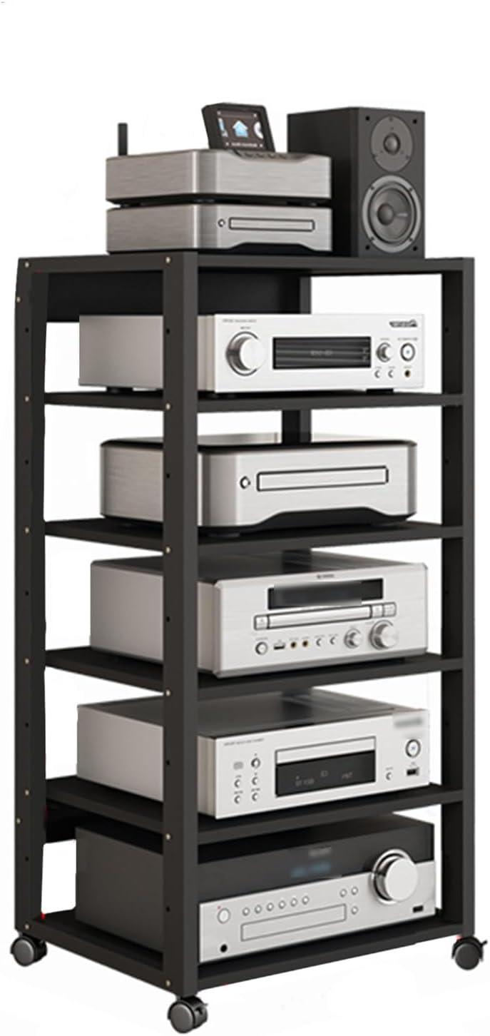 6 Tier Furniture Media Rack DVD CD Player Stand Audio Rack Power Amplifier Equipment Cabinet with Height Adjustable Wood Shelf Floor Standing Storage Rack 50x40x110 Cm