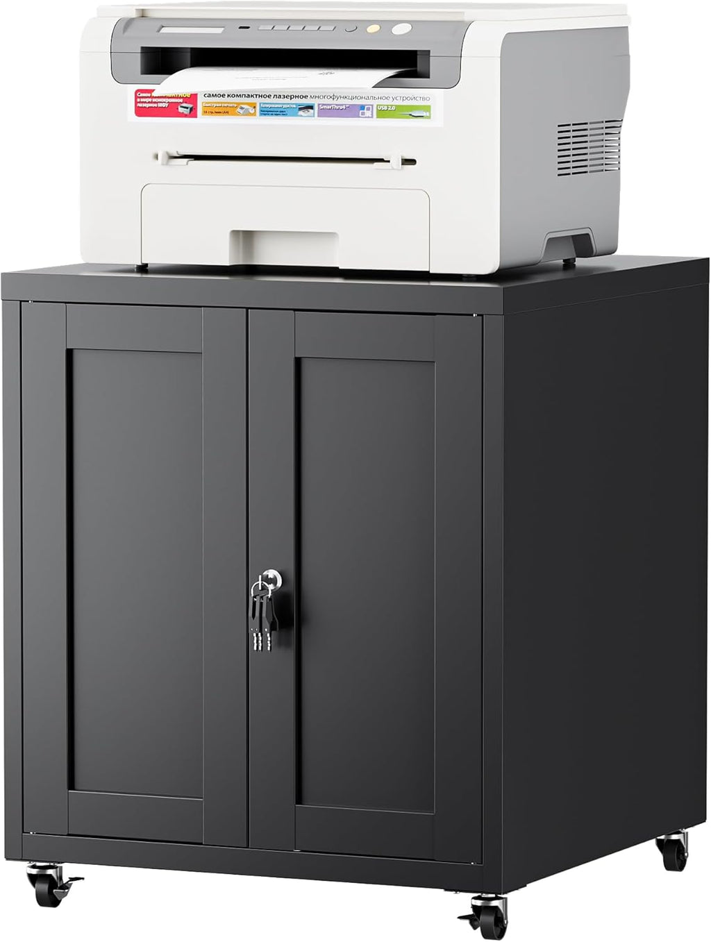 Large Printer Stand with Storage and Lock, 3D Heavy-Duty Printer Cabinet, Printer Table for Home Office with Doors and Adjustable Shelves, for Office Copier and Fax Machine, Black