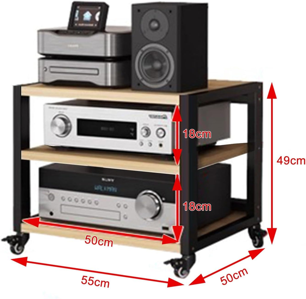 2/3/4/5-Tier Audio Component Rack with Wheels, Heavy Duty AV Media Stand HiFi Amplifier Rack, Home Storage for Record Player, Audio/Video Equipment(Black+Brown,L55xW50xH49cm)