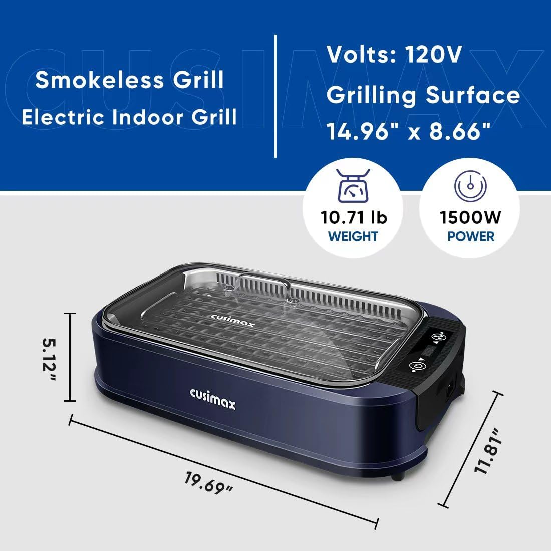 Indoor Grill CUSIMAX Electric Smokeless Grill Portable Korean BBQ with Turbo Smoke Extractor Technology, Non-stick Removable Plate, Tempered Glass Lid, Great for Party(Single Plate)