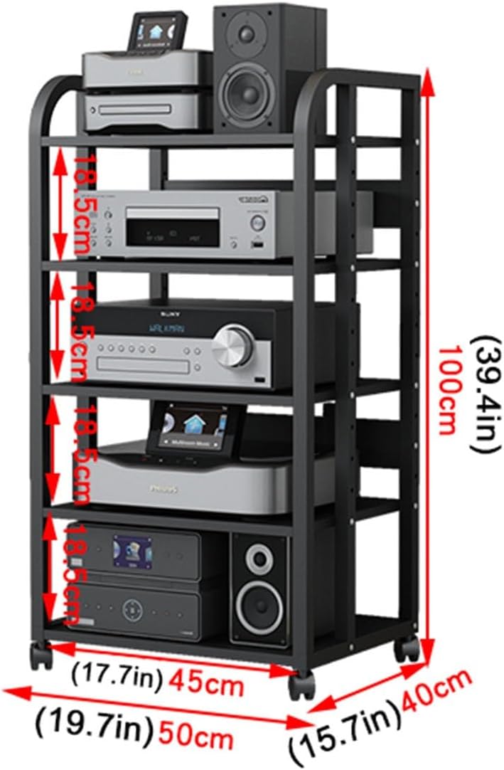 SOBS Multifunction 5 Tier Movable Storage Cart DVD CD Player Stand Amplifier Rack Audio Video Component Media Stand with 5 Wooden Board Shelves for Home/Office/Theater, Black (Color : A)