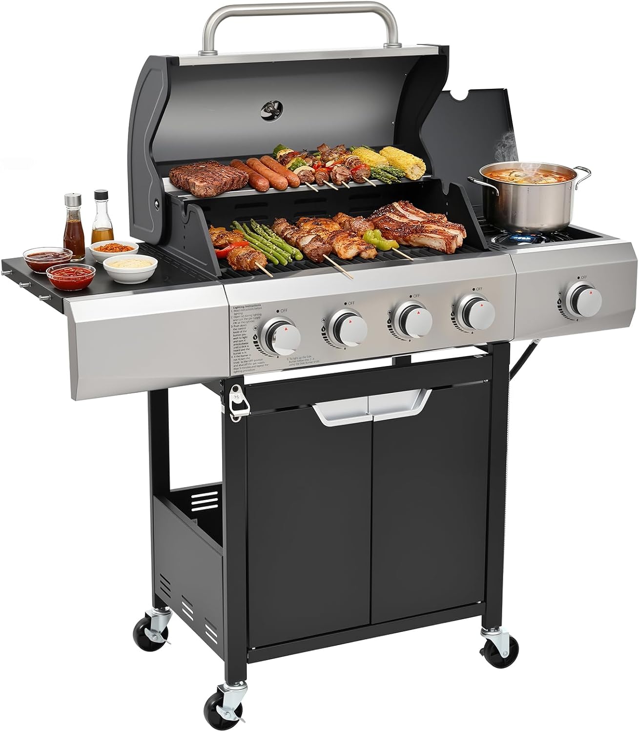 EUHOME Upgraded 51,000 BTU Stainless Steel Burner Barbecue Grill, 4 Burner BBQ Propane Gas Grill with Side Burner, 452 sq. in Cooking Area with Porcelain for Patio, Camping, Outdoor Cooking