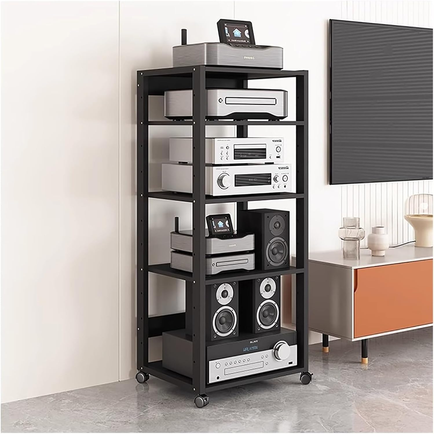 131cm Tall Mobile Stereo Racks and Stands on Wheels Heavy Duty Audio Equipment Rack Cart with Height-Adjustable Shelf, Entertainment Stereo Components Av Media Stand, 5 Tier