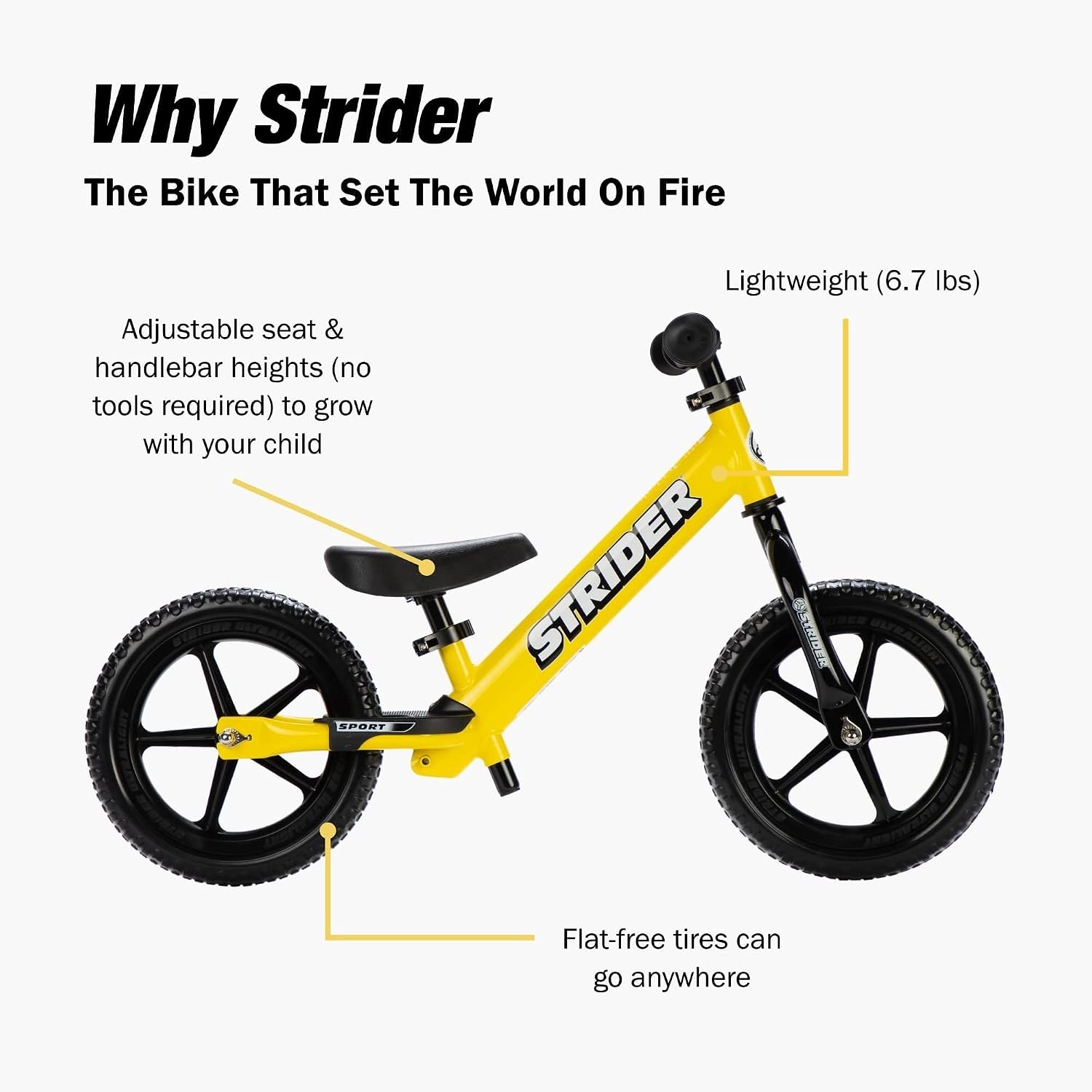 Strider 12' Sport Bike - No Pedal Balance Bicycle for Kids 1 to 4 Years - Includes Safety Pad, Padded Seat, Mini Grips & Flat-Free Tires - Tool-Free Assembly & Adjustments